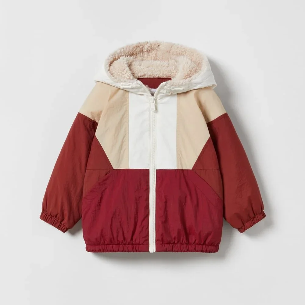 Zara Colorblock Hooded Jacket in White, Beige, Burgundy & Red